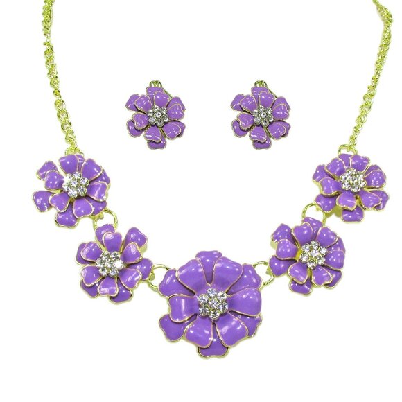 Purple flower necklace and earring set with enamel and clear crystals - Picture 2 of 8